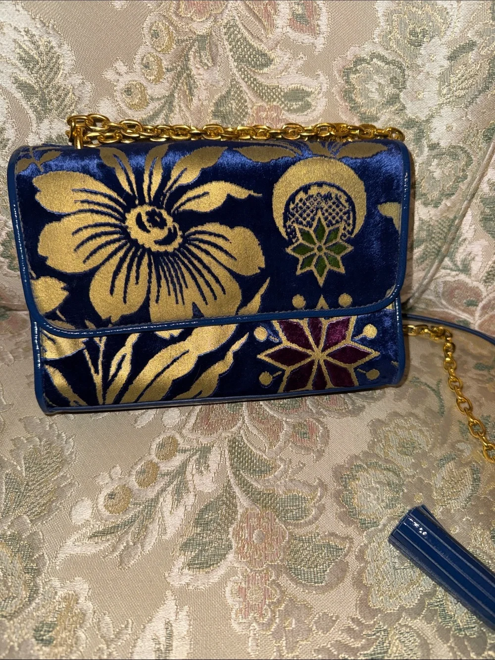 Tory Burch blue velvet floral handbag